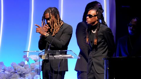 Offset speaks onstage during Takeoff's memorial service -- dubbed a Celebration of Life -- at State Farm Arena in Atlanta, Georgia, on November 11, 2022. 