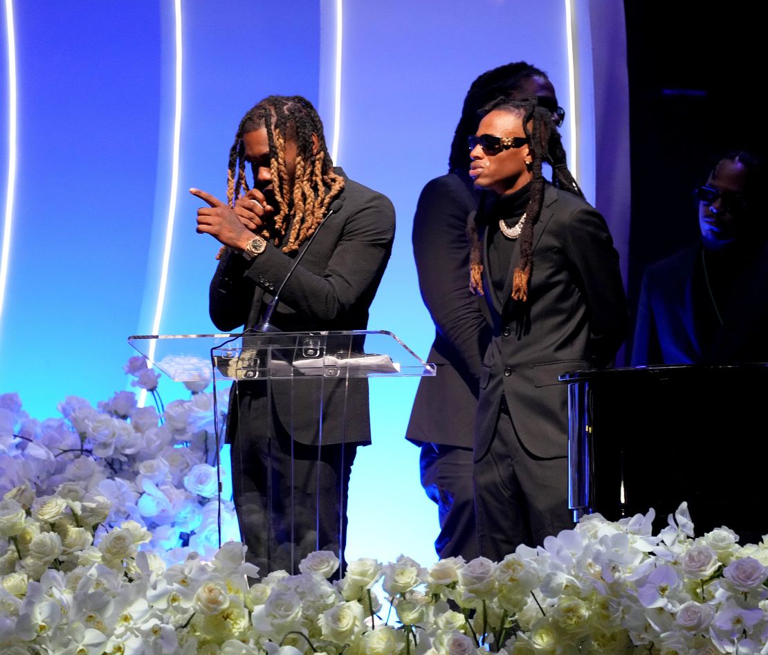 Offset repeatedly breaks down Friday during Takeoff's memorial service at Atlanta's State Farm Arena. 