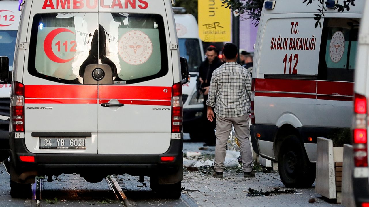 Ambulances and police respond to the scene in a bustling part of Istanbul.