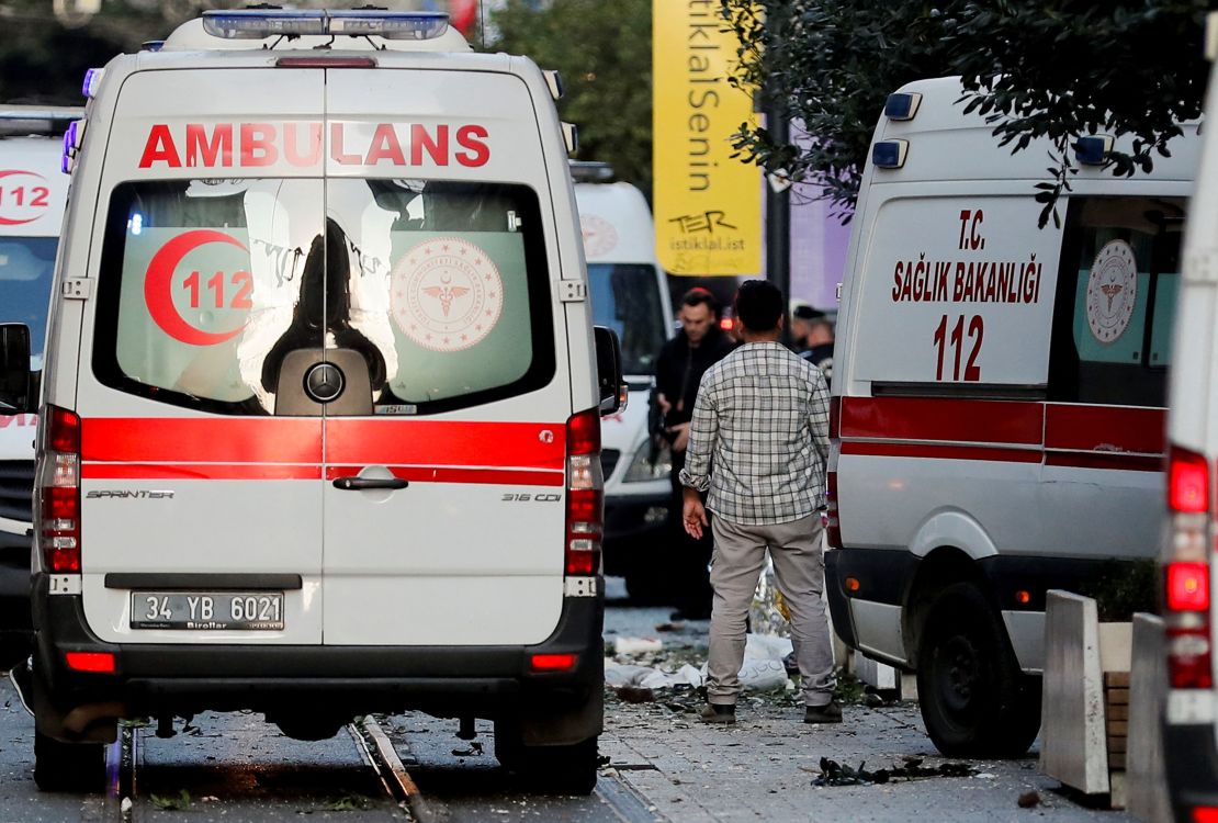 Ambulances and police respond to the scene in a bustling part of Istanbul.