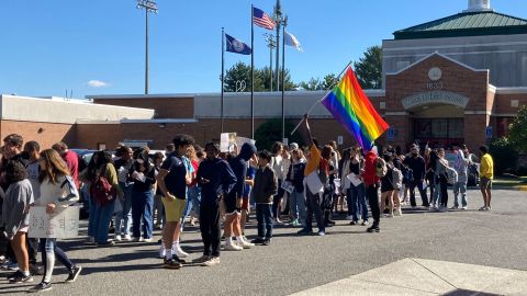 Students at McLean High School in Virginia walk out of class as part of a statewide protest in September 2022 against proposed changes to state policies regarding transgender students.