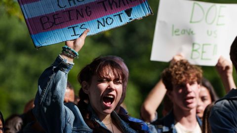 Protesters in McLean, Virginia during a September 2022 school walkout across the state over the rights of transgender students. 