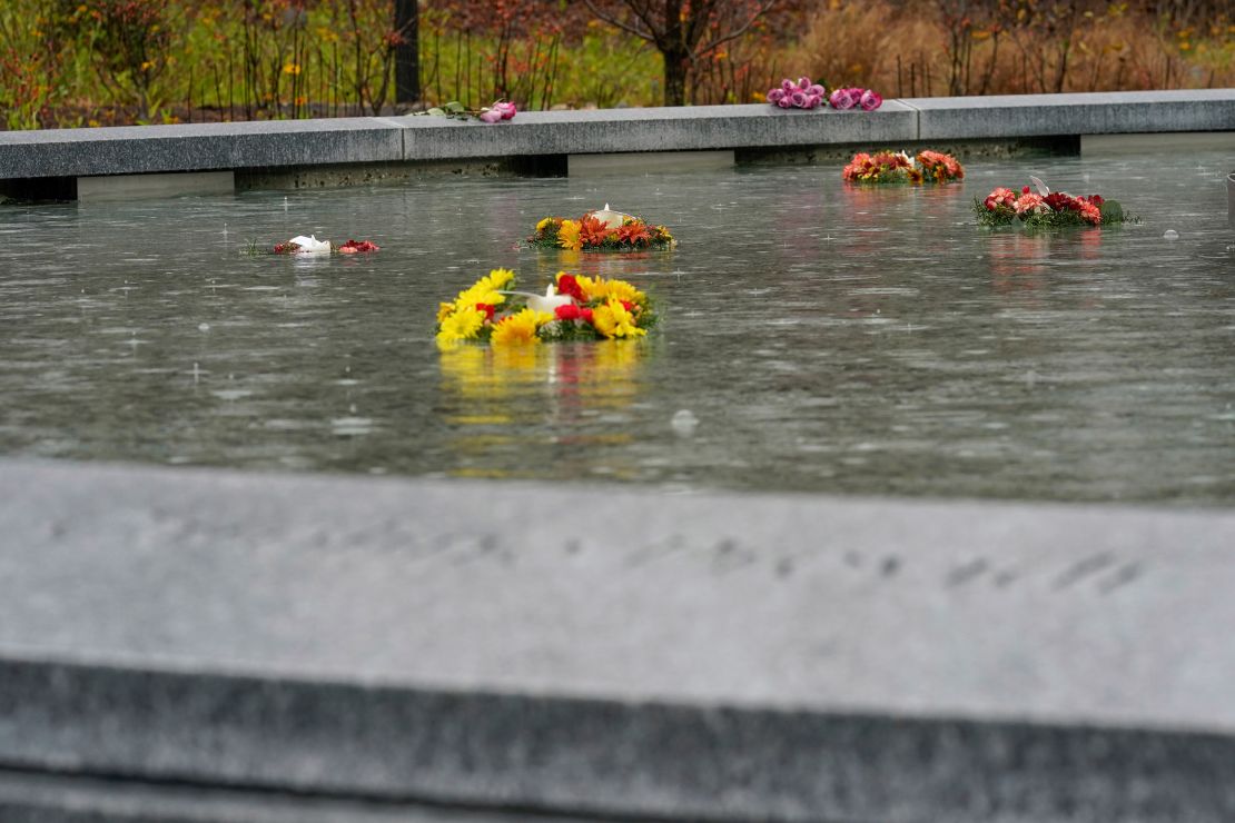 Flowers adorn a memorial to the victims of the Sandy Hook Elementary School shooting, in Newtown, Connecticut on Nov. 13, 2022. 