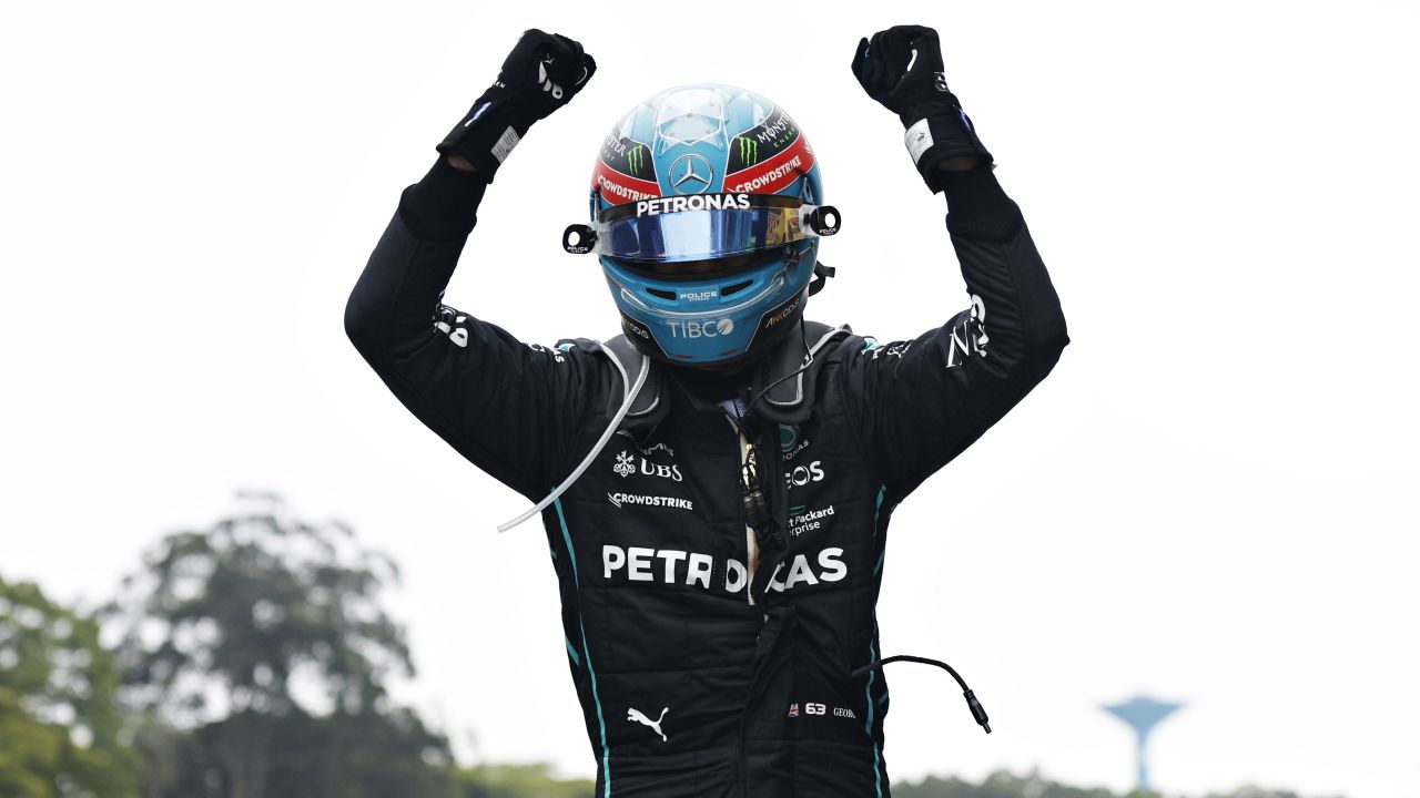 George Russell celebrates after winning the Sao Paolo Grand Prix.