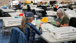 Election workers finish processing ballots at Maricopa County Tabulation and Election Center on Nov. 13, 2022, in Phoenix.