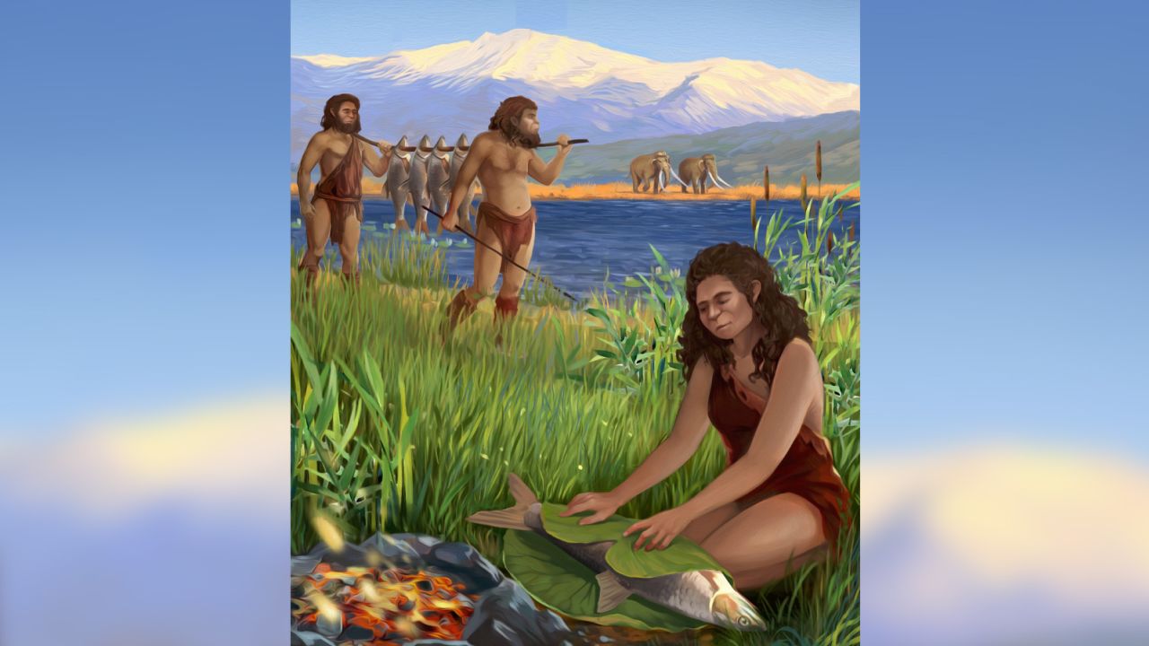  An illustration depicts hominins cooking Luciobarbus longiceps, a large carp-like fish, on the shores of Lake Hula, an ancient site in what's now Israel. (Illustration by Ella Maru)