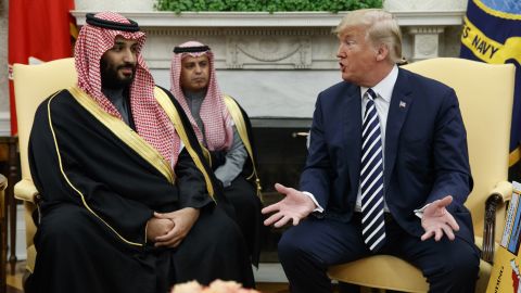 In this March 20, 2018, file photo, President Donald Trump meets with Saudi Crown Prince Mohammed bin Salman in the Oval Office