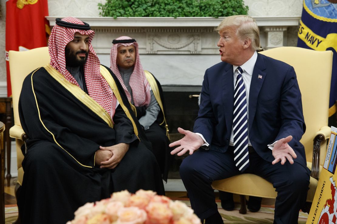 FILE - In this March 20, 2018, file photo, President Donald Trump meets with Saudi Crown Prince Mohammed bin Salman in the Oval Office of the White House in Washington. (AP Photo/Evan Vucci, File)