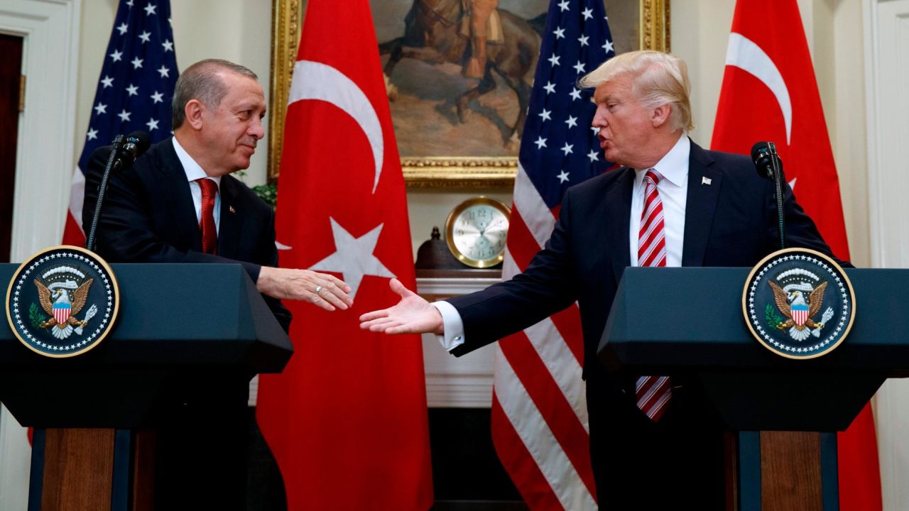 President Donald Trump shakes hands with Turkish President Recep Tayyip Erdogan in the Roosevelt Room of the White House, Tuesday, May 16, 2017, in Washington. (AP Photo/Evan Vucci)