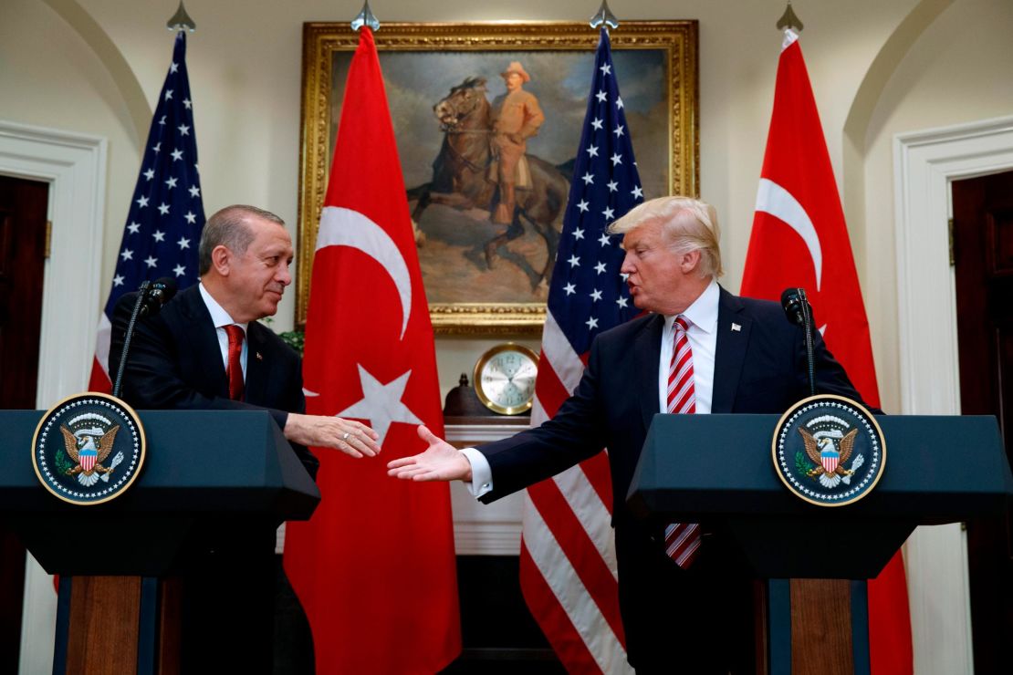 President Donald Trump shakes hands with Turkish President Recep Tayyip Erdogan in the Roosevelt Room of the White House, Tuesday, May 16, 2017.