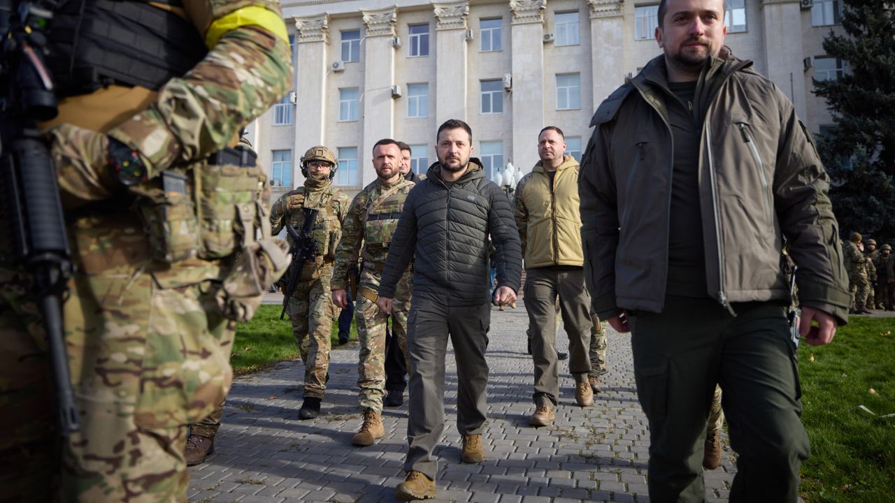 Ukraine's President Volodymyr Zelensky is seen visiting Kherson on Monday.