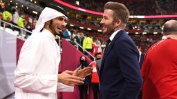 AL KHOR, QATAR - DECEMBER 18: David Beckham talks to H.E Sheikh Jassim Bin Hamad Al Thani prior to the FIFA Arab Cup Qatar 2021 Final match between Tunisia and Algeria at Al Bayt Stadium on December 18, 2021 in Al Khor, Qatar. (Photo by David Ramos - FIFA/FIFA via Getty Images)