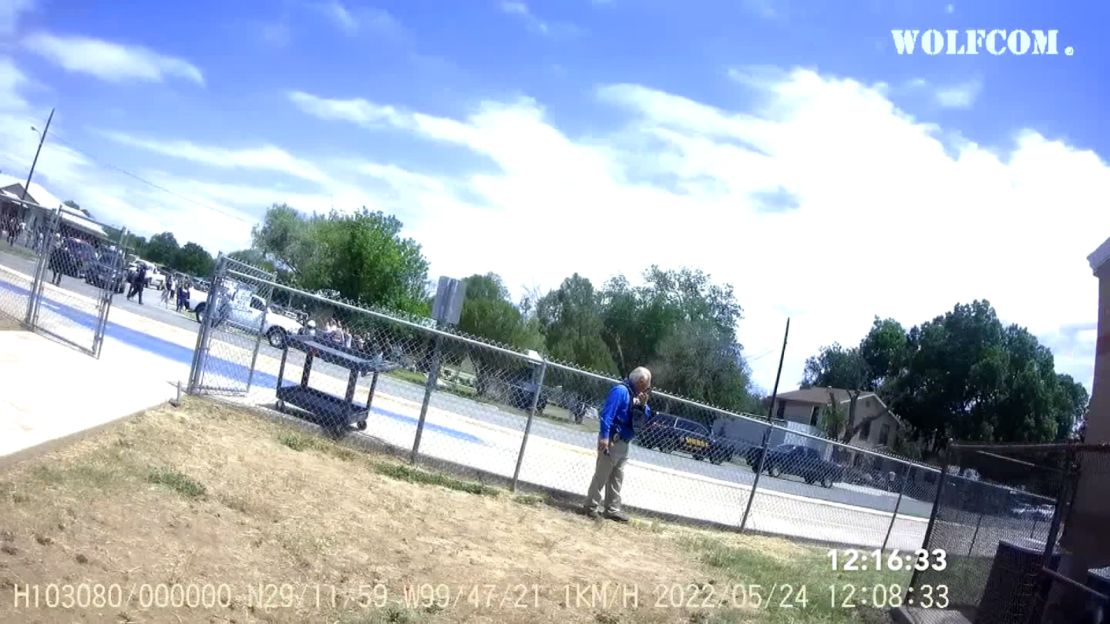 Pargas, seen on a recording from an officer's body-worn camera, called his dispatchers outside the school.