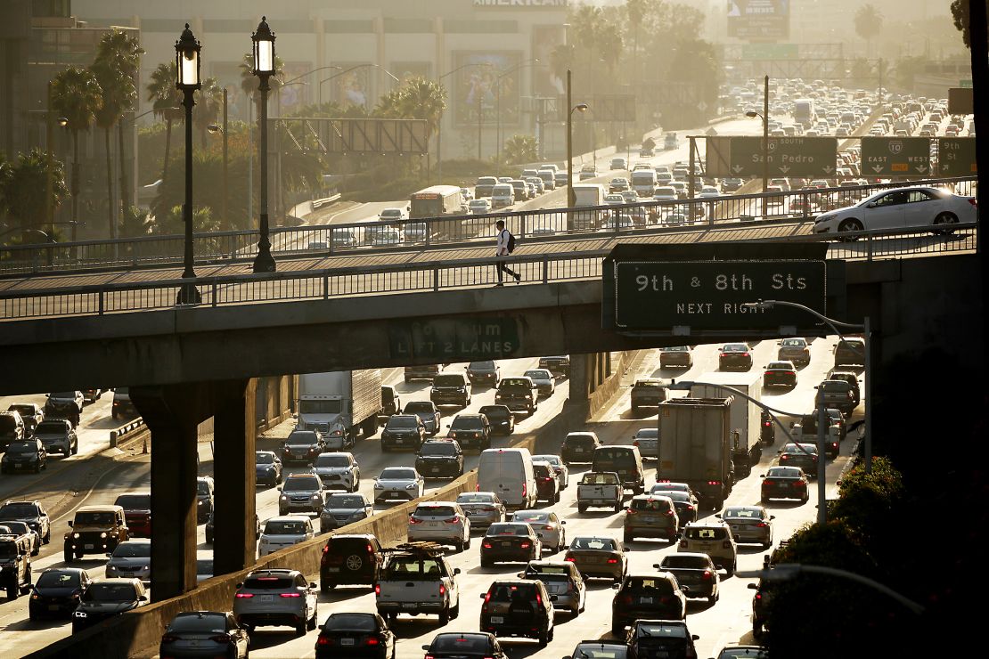 Traffic slows on the Harbor Freeway in downtown Los Angeles on Wednesday, November 24, 2021. 