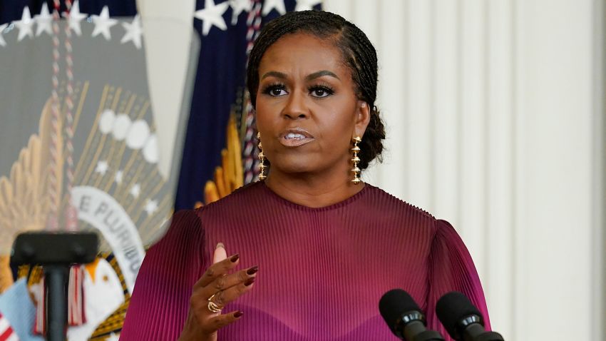 Former first lady Michelle Obama speaks during a ceremony in the East Room of the White House, Wednesday, Sept. 7, 2022, in Washington. Former President Barack Obama and the former first lady unveiled their official White House portraits during the ceremony. (AP Photo/Andrew Harnik)