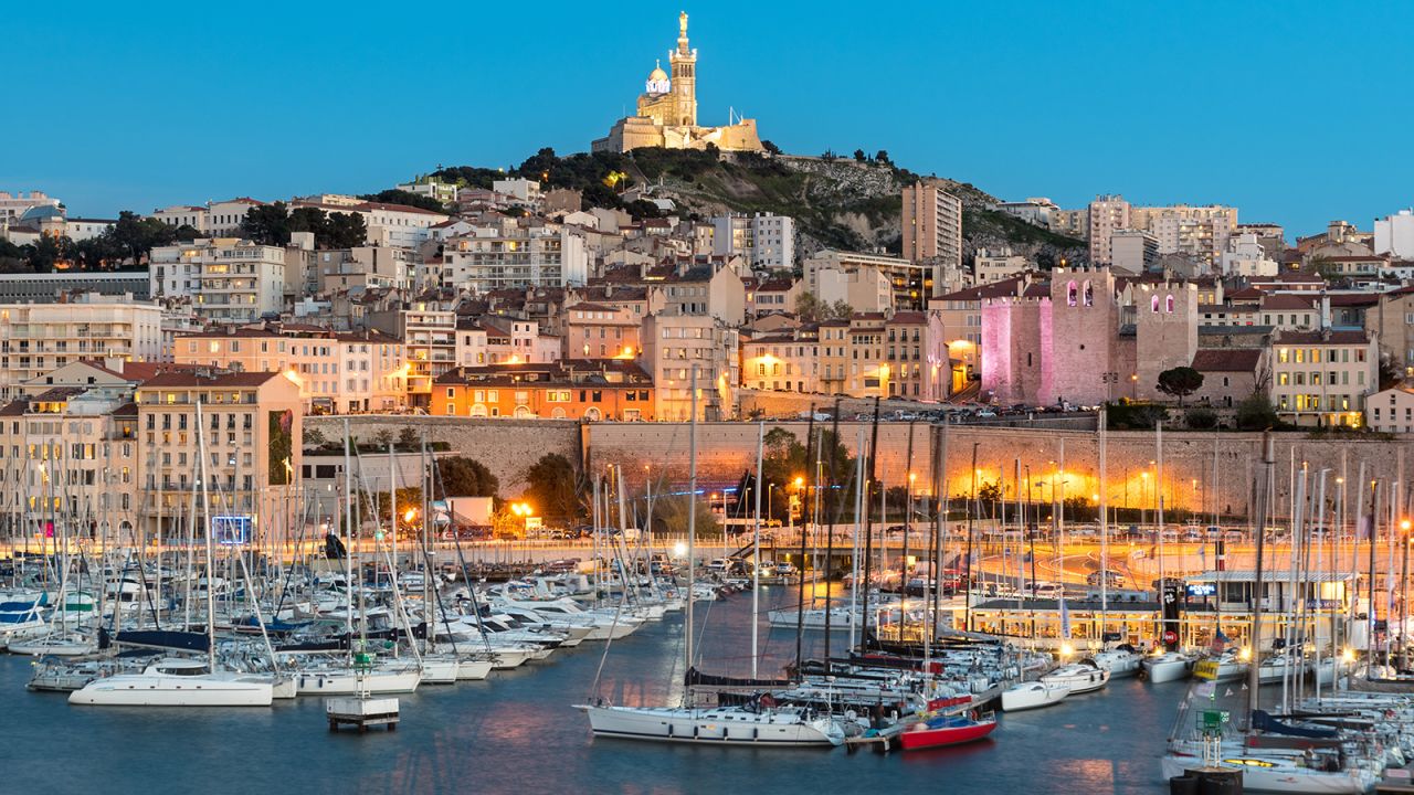 <strong>Marseille, France:</strong> At night, the Basilica of Notre-Dame de la Garde overlooks the Mediterranean Sea for a view that can't be missed.