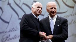 Sen. John McCain, R-Ariz., receives the Liberty Medal from Chair of the National Constitution Center's Board of Trustees, former Vice President Joe Biden, in Philadelphia, Monday, Oct. 16, 2017. The honor is given annually to an individual who displays courage and conviction while striving to secure liberty for people worldwide. 