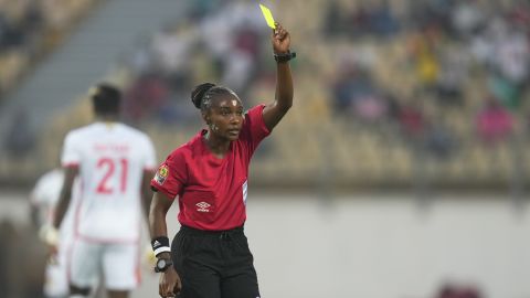 Salima Mukansanga becomes the first woman to referee an Africa Cup of Nations match in January 2022. 