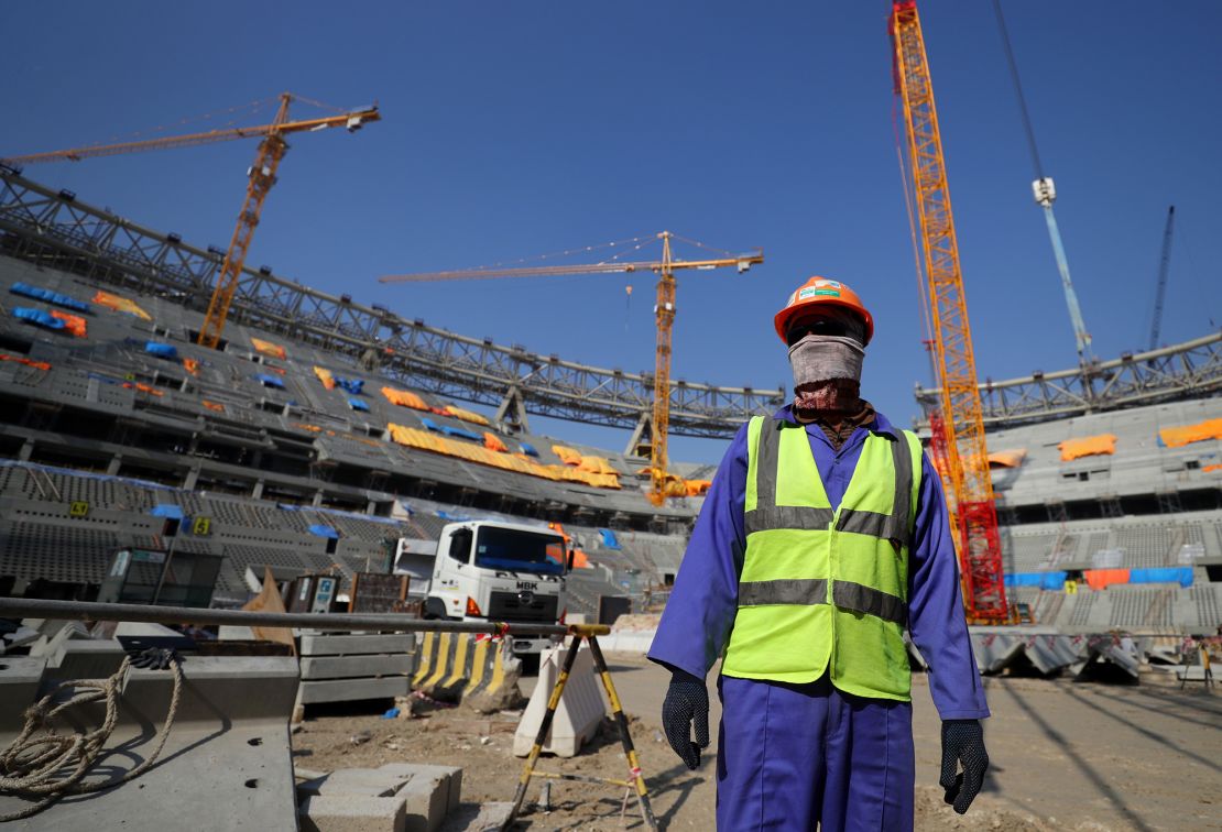 A worker is seen inside the Lusail Stadium during a stadium tour on December 20, 2019, in Doha, Qatar.
