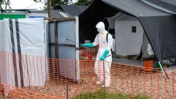 A man disinfects facilities at an isolation center in Mubende district, Uganda, Nov. 1, 2022. The Ministry of Health figures showed that as of Oct. 26, the country has registered 115 confirmed Ebola cases, 32 deaths since the outbreak was announced on Sept. 20.
