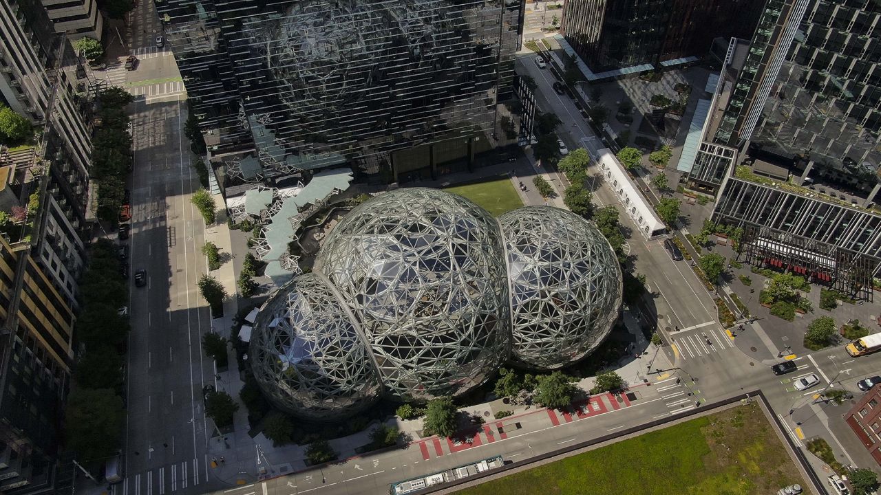 An aerial view of the Spheres at the Amazon.com Inc. headquarters on May 20, 2021 in Seattle, Washington. 