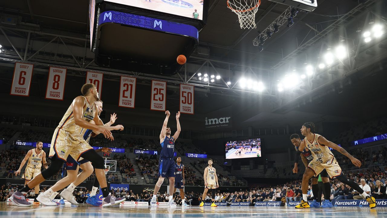 Isaac Humphries of Melbourne United shoots during an NBL match against Cairns Taipans in October.