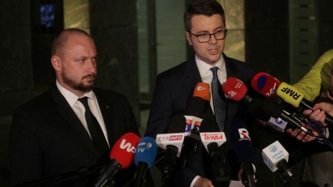 Polish government spokesman Piotr Muller speaks to the media after an explosion near the border with Ukraine. 