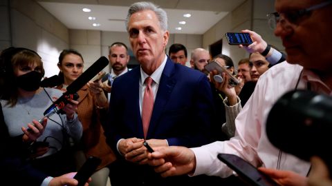 House Minority Leader Kevin McCarthy talks briefly with reporters before heading into House Republican caucus leadership elections in the US Capitol Visitors Center on Tuesday in Washington, DC. 
