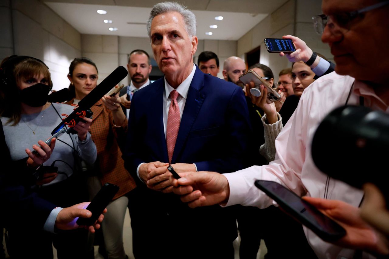 McCarthy talks with reporters before heading into the House Republican caucus leadership elections in November 2022. <a href="https://www.cnn.com/politics/live-news/midterm-election-results-updates-11-15-22/h_bc32be94e417d05ce147ce1c8d0254eb" target="_blank">He won the GOP nomination for speaker</a> over conservative challenger Rep. Andy Biggs.