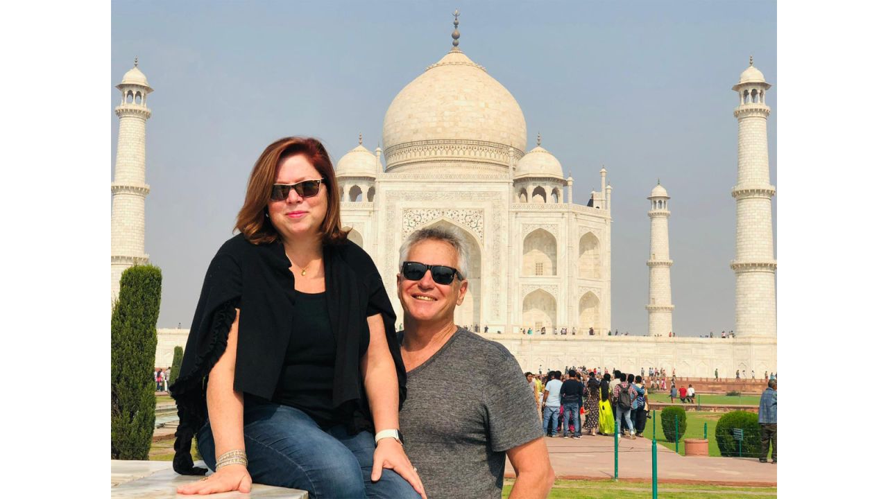 <strong>Adventuring together: </strong>They try to enjoy, as Grace puts it, "a lot of traveling and adventures and experiences to create a lifetime of memories in a shorter, compressed period of time." Here's the couple at the Taj Mahal in India in 2019. 