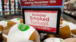 LOS ANGELES, CALIFORNIA - NOVEMBER 11: Smoked turkeys are displayed for sale in a grocery store ahead of the Thanksgiving holiday on November 11, 2021 in Los Angeles, California. U.S. consumer prices have increased solidly in the past few months on items such as food, rent, cars and other goods as inflation has risen to a level not seen in 30 years. The consumer-price index rose by 6.2 percent in October compared to one year ago. (Photo by Mario Tama/Getty Images)
