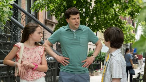 Meara Mahoney Gross, Jesse Eisenberg and Maxim Swinton in the Hulu limited series "Fleishman is in Trouble."