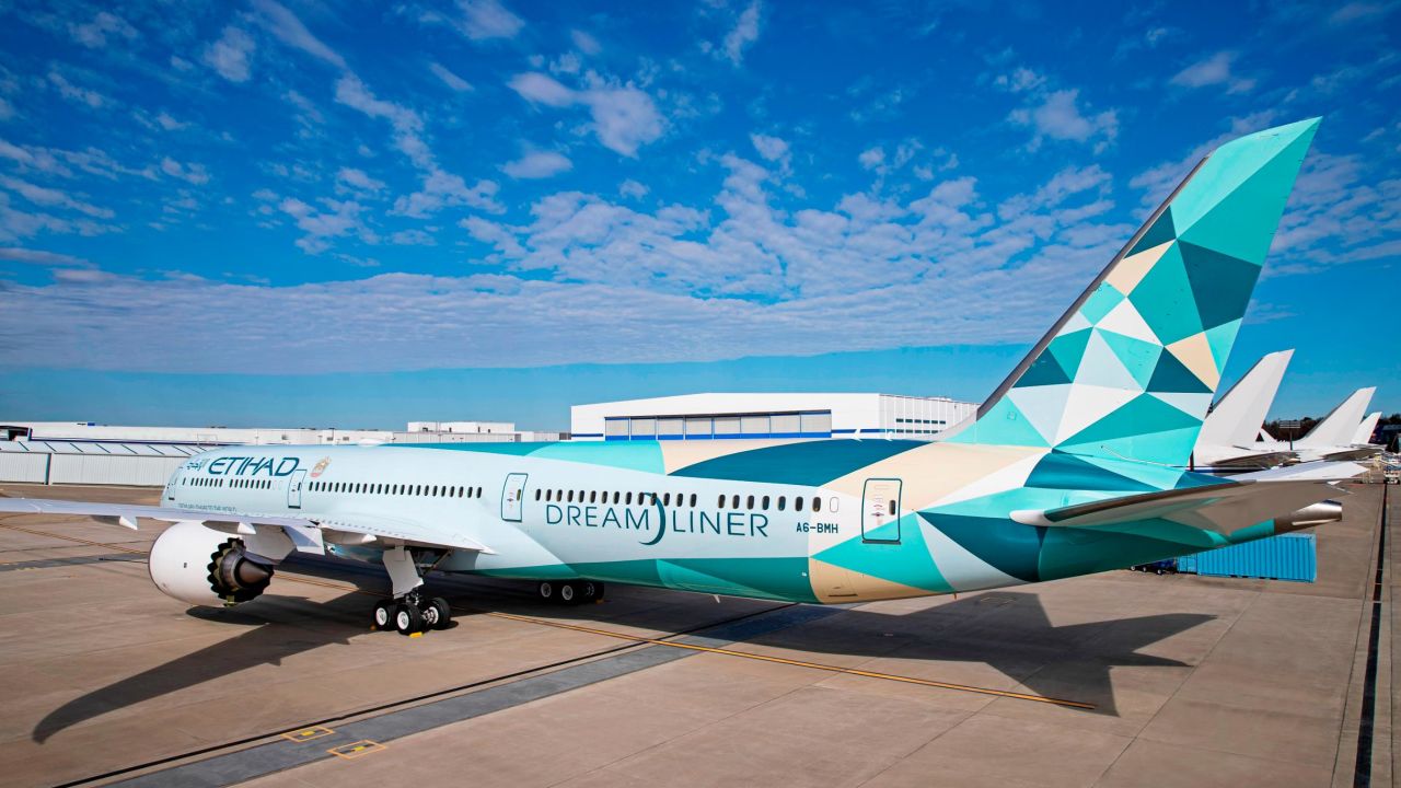 Etihad's "Greenliner" program tests out sustainable initiatives on this Boeing 787 Dreamliner.