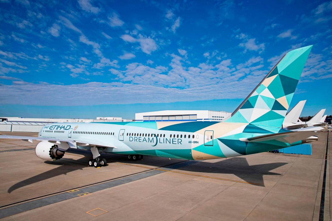 Etihad's "Greenliner" program tests out sustainable initiatives on this Boeing 787 Dreamliner.