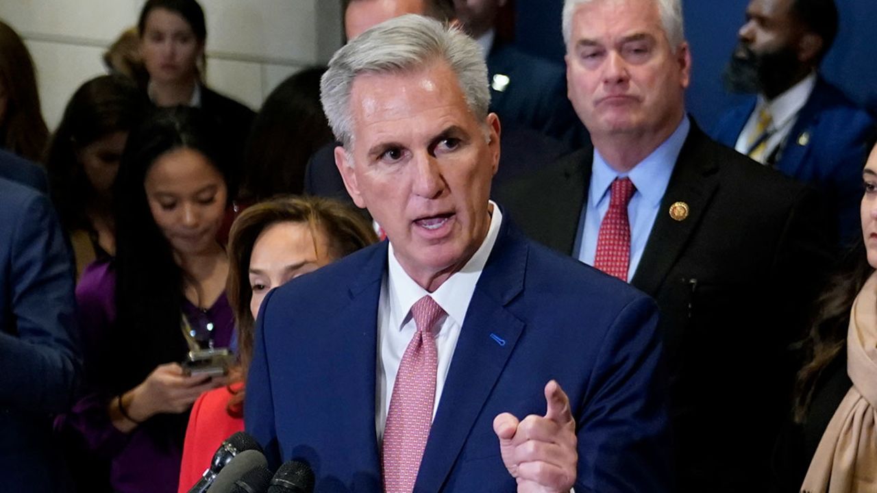 House Minority Leader Kevin McCarthy of Calif., speaks with members of the press after winning the House Speaker nomination at a House Republican leadership meeting, Tuesday, Nov. 15, 2022.