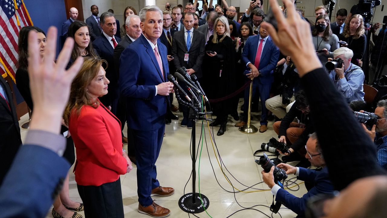House Minority Leader Kevin McCarthy of Calif., takes questions from journalists after winning the House Speaker nomination at a House Republican leadership meeting, Tuesday, Nov. 15, 2022, on Capitol Hill in Washington. (AP Photo/Patrick Semansky)