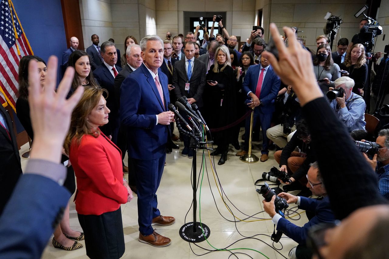 <a href="https://www.cnn.com/2022/11/15/politics/gallery/kevin-mccarthy" target="_blank">Kevin McCarthy</a> talks with reporters after the House Republican caucus leadership elections on November 15. <a href="https://www.cnn.com/politics/live-news/midterm-election-results-updates-11-15-22/h_bc32be94e417d05ce147ce1c8d0254eb" target="_blank">He won the GOP nomination for speaker</a> the day before CNN projected Republicans would control the House.