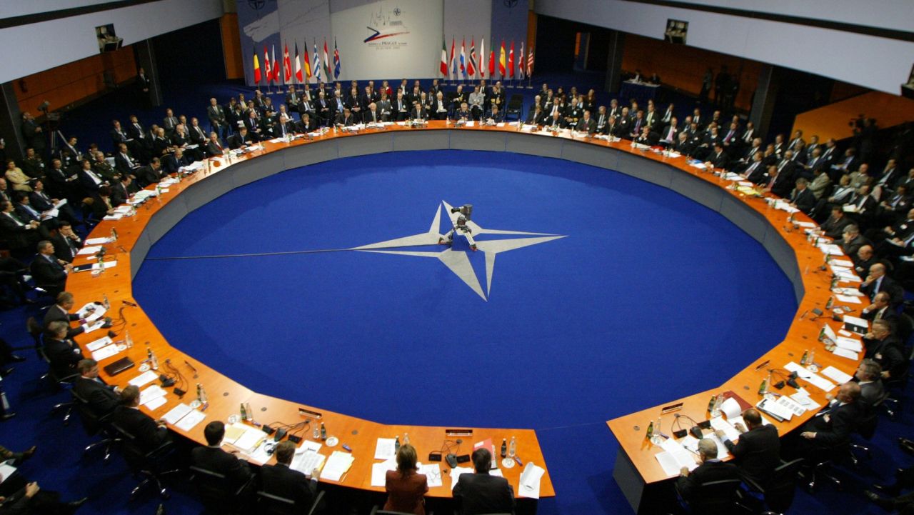 General view of the Prague NATO Summit, 21 November 2002 at Prague's Congress Center. NATO leaders agreed the organisation's biggest ever enlargement, inviting seven ex-communist countries to join the former Cold War bloc as it extends into former Soviet Union territory.AFP PHOTO Gerard CERLES (Photo by GERARD CERLES / AFP)        (Photo credit should read GERARD CERLES/AFP via Getty Images)