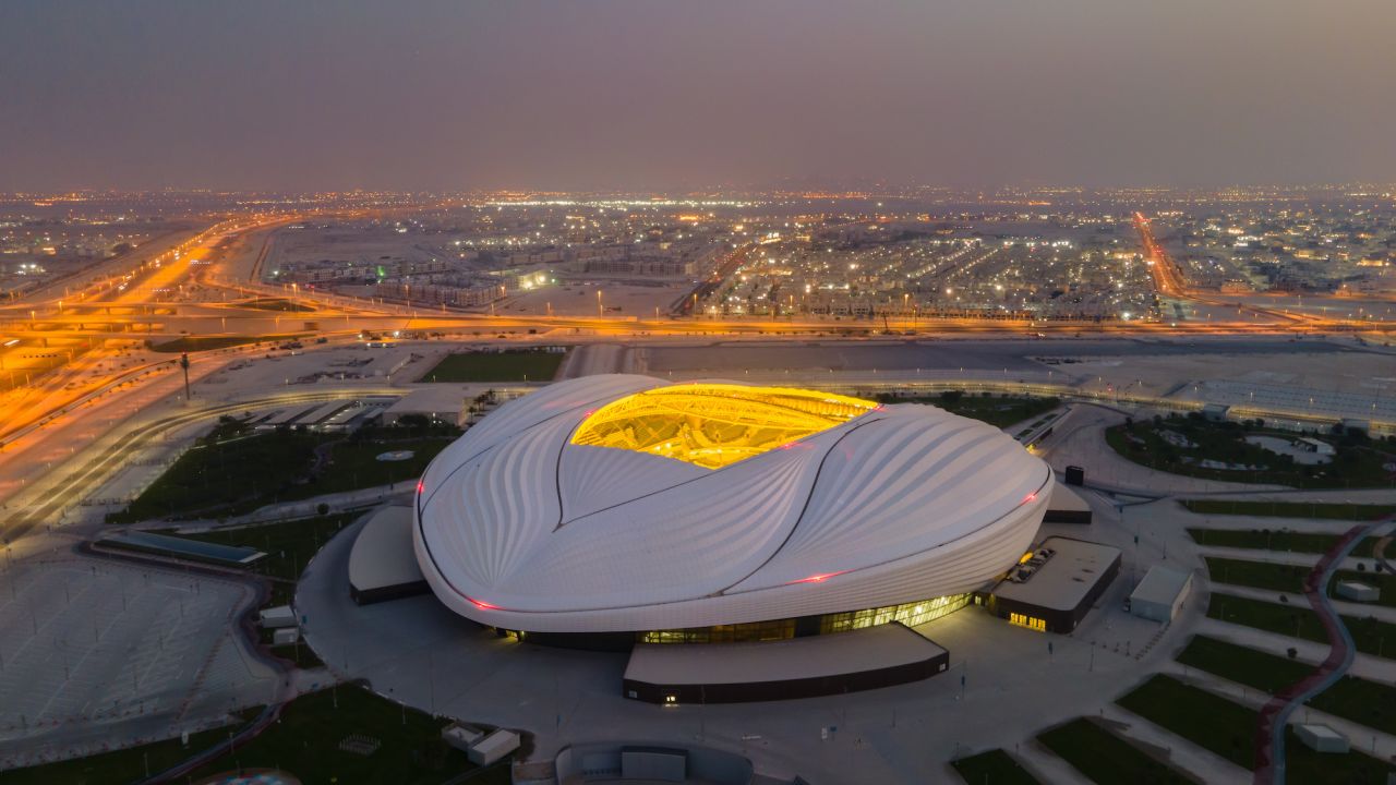 An aerial view of Al Janoub stadium at sunrise on June 21 in Al Wakrah, Qatar. 