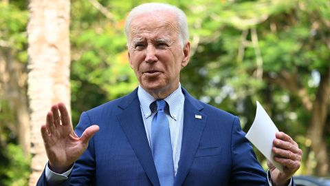 TOPSHOT - U.S. President Joe Biden speaks about the situation in Poland after meeting with G7 and European leaders on the sidelines of the G20 summit in the Indonesian resort of Nusa Dua, Bali, November 16, 2022.