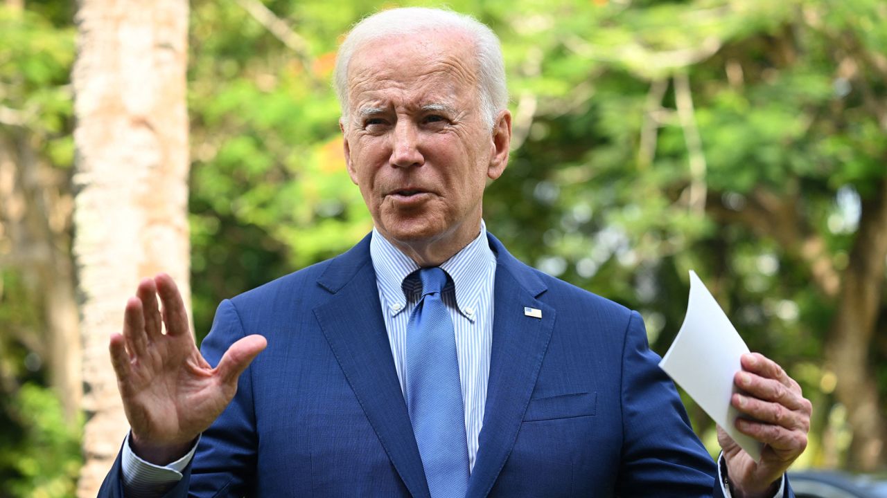 TOPSHOT - US President Joe Biden speaks about the situation in Poland following a meeting with G7 and European leaders on the sidelines of the G20 Summit in Nusa Dua on the Indonesian resort island of Bali on November 16, 2022.