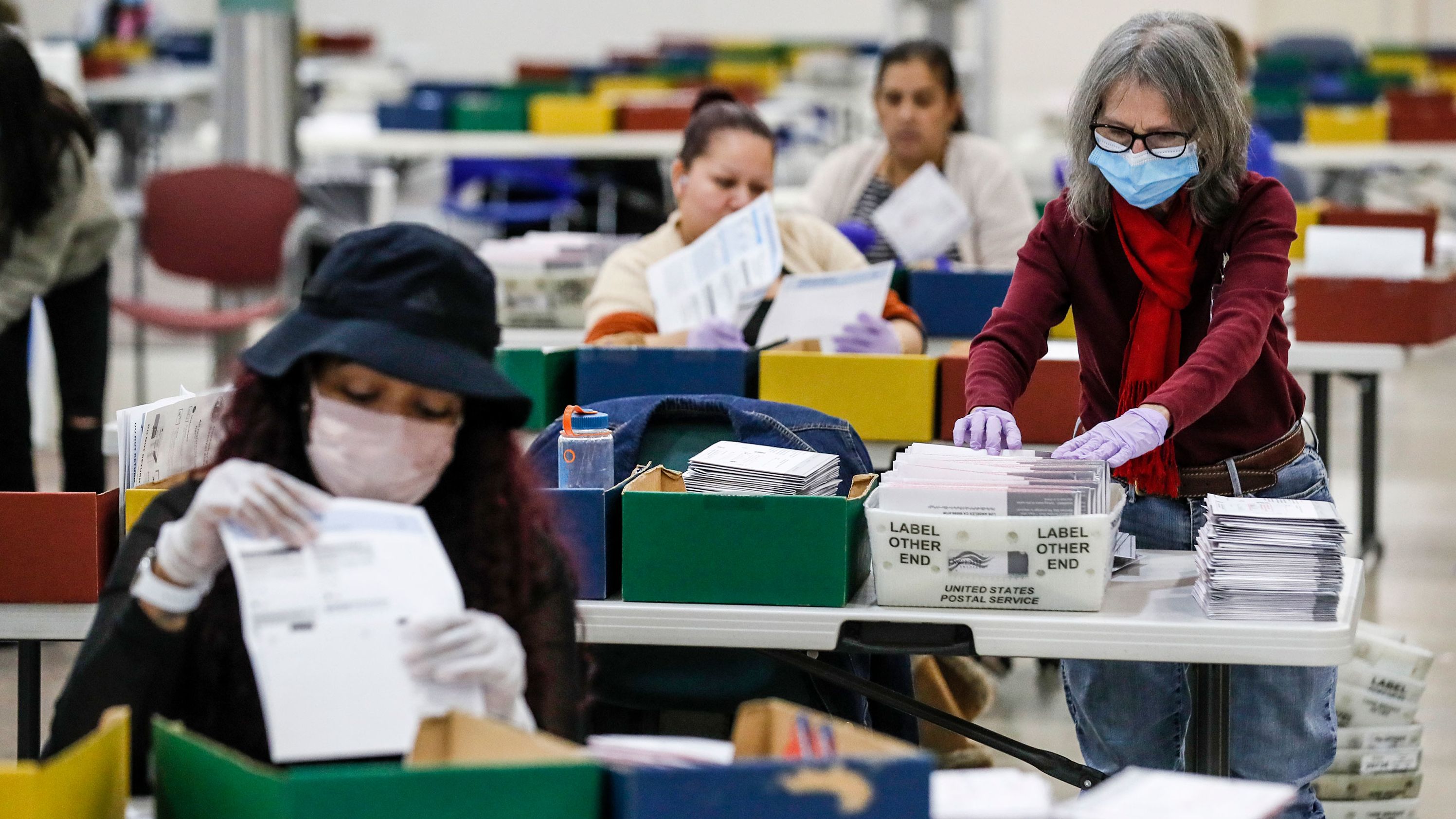 Ballots are received, sorted and verified at the Los Angeles County ballot processing facility in Industry, California, on November 9, 2022. 