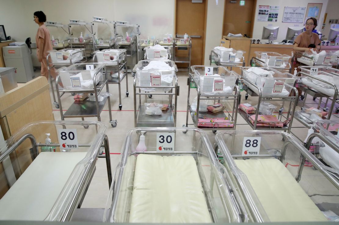 Nurses at a nearly empty infant unit of a hospital in Seoul, South Korea, in February 2017.