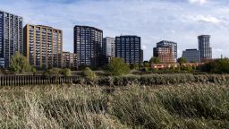 View over Bow Creek Ecology Park towards new apartment buildings on London City Island at Leamouth Peninsula on October 17, 2022 in London, United Kingdom. 