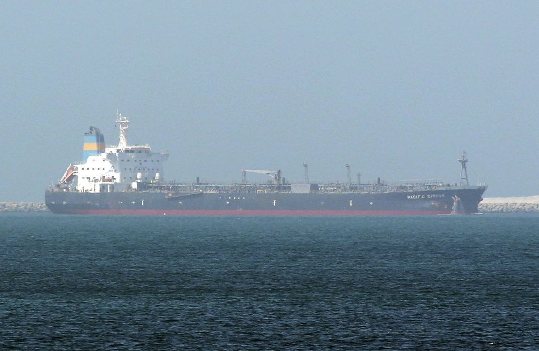 This undated photo made available by Nabeel Hashmi shows Liberian-flagged oil tanker Pacific Zircon, operated by Singapore-based Eastern Pacific Shipping in Jebel Ali port, in Dubai, United Arab Emirates, in 2015.