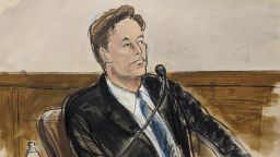 In this courtroom sketch Tesla CEO Elon Musk testifies in a courtroom in Wilmington, Del., on Wednesday, Nov. 16, 2022. Musk is defending himself in a shareholder lawsuit challenging a compensation package he was awarded by the company's board of directors that is potentially worth more than $55 billion. 
