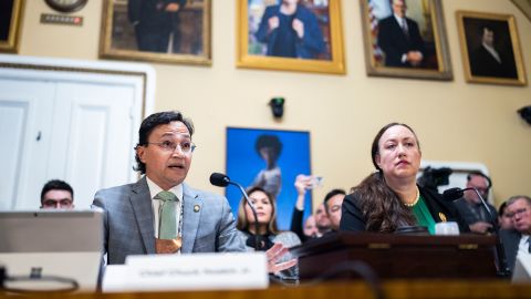Cherokee Nation Principal Chief Chuck Hoskin Jr. (left) and Mainon Schwartz, an attorney for the Congressional Research Service, testify during a hearing before the House Rules Committee.