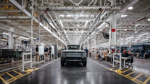A Rivian R1T pickup truck at the company's manufacturing facility in Normal, Illinois.