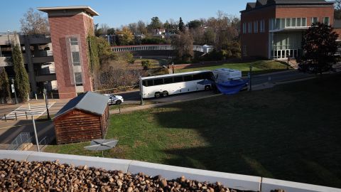 The crime scene where three people were killed and two others injured is shown on the grounds of the University of Virginia in Charlottesville.