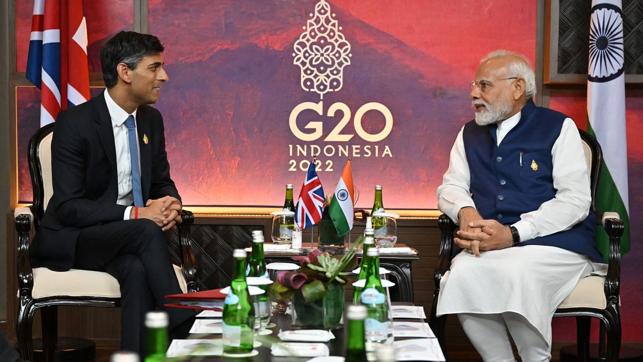 British Prime Minister Rishi Sunak and India's Prime Minister Narendra Modi hold a bilateral meeting on November 16, 2022 in Nusa Dua, Indonesia. 